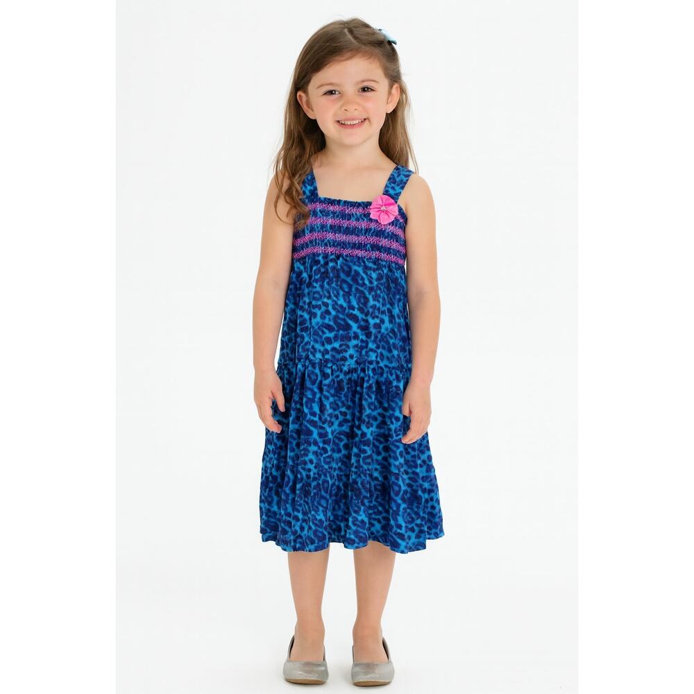 Excellent Faded Glory Girl Blue Leopard Print Sundress w/ Flower Accent Size 4/5